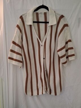 Reef Cream and Brown Striped Open-Knit Cardigan